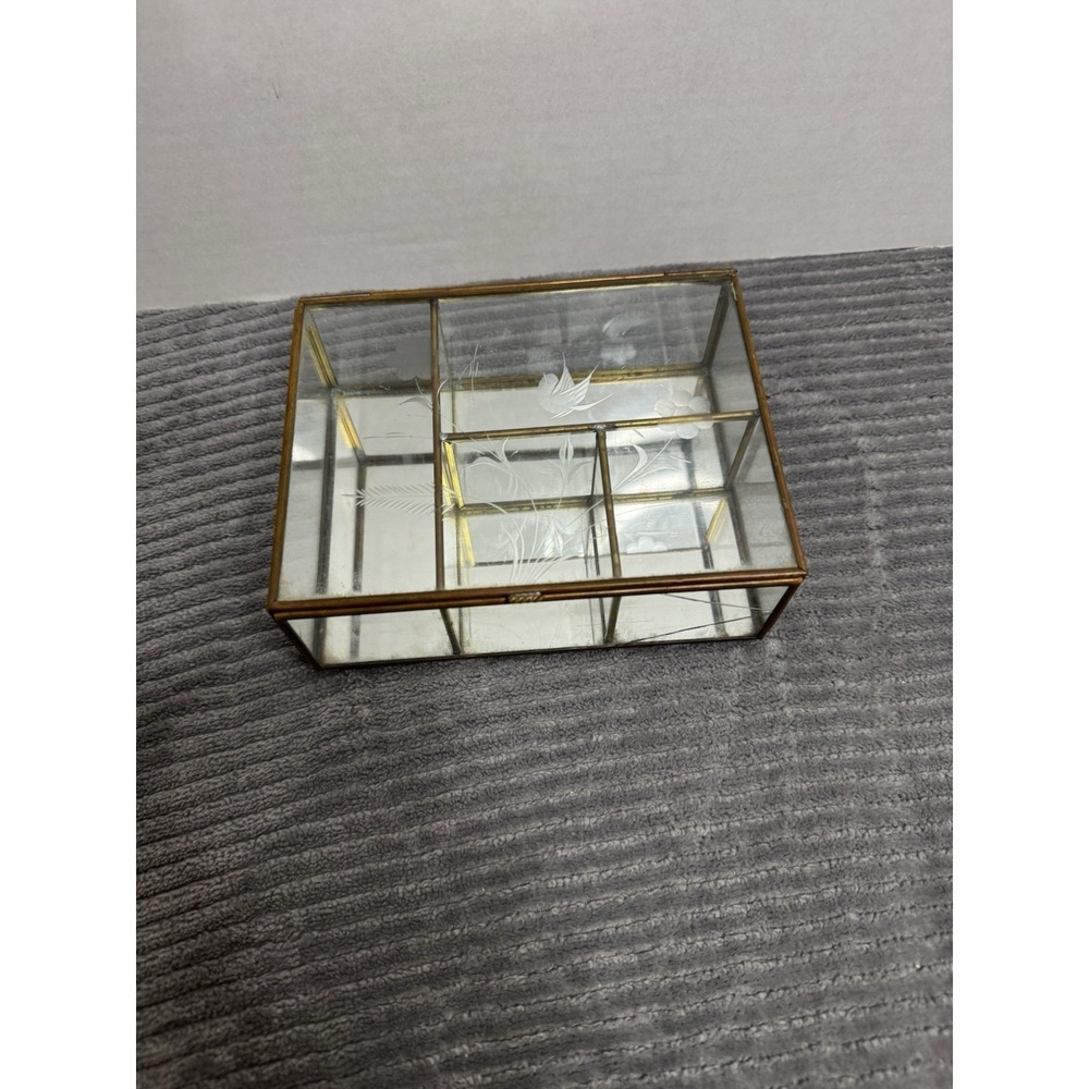 Vtg Brass & Clear Glass Etched Display Case Trinket Box for Jewelry See Pic